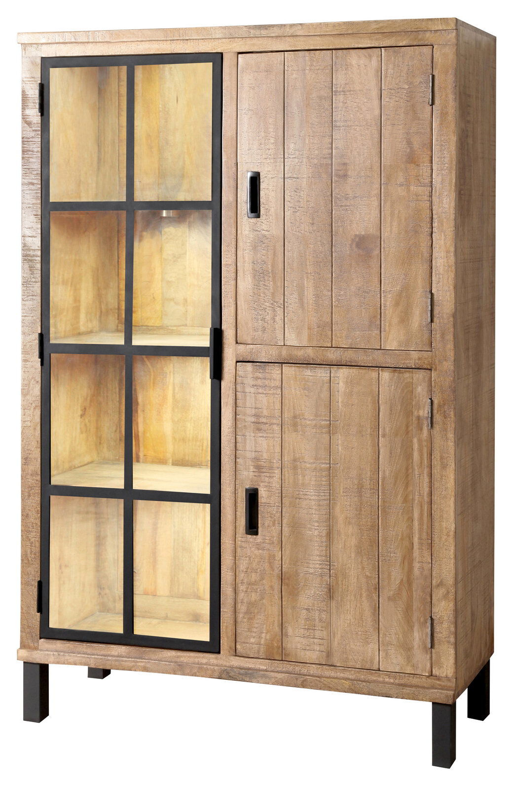 Landscape Highboard KALI Rustikales Highboard aus Holz mit Glastür und Metallrahmen, seitliche Perspektive