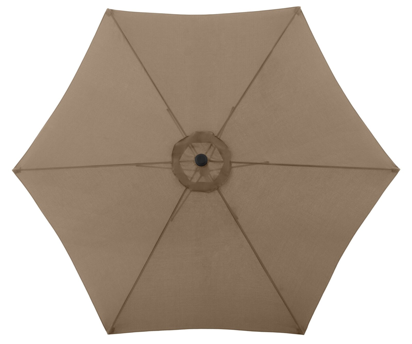Beiger Sonnenschirm mit acht Segmenten, Draufsicht von oben auf das aufgespannte Schirmdach mit zentralem Knopf.