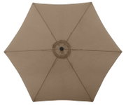 Beiger Sonnenschirm mit acht Segmenten, Draufsicht von oben auf das aufgespannte Schirmdach mit zentralem Knopf.