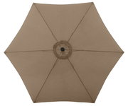 Beiger Sonnenschirm mit acht Segmenten, Draufsicht von oben auf das aufgespannte Schirmdach mit zentralem Knopf.
