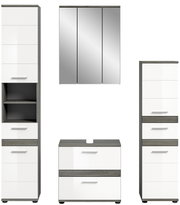 Moderne Badkombination mit Hochglanz-Fronten und Spiegel, bestehend aus Hochschrank, Spiegelschrank und Unterschrank, Frontalansicht