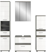 Moderne Badkombination mit Hochglanz-Fronten und Spiegel, bestehend aus Hochschrank, Spiegelschrank und Unterschrank, Frontalansicht