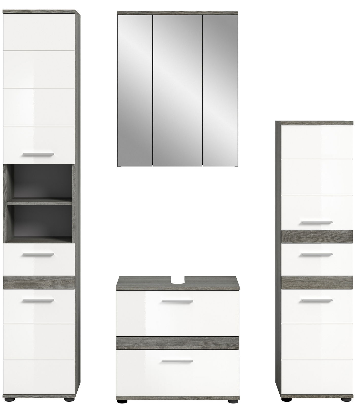 Moderne Badkombination mit Hochglanz-Fronten und Spiegel, bestehend aus Hochschrank, Spiegelschrank und Unterschrank, Frontalansicht
