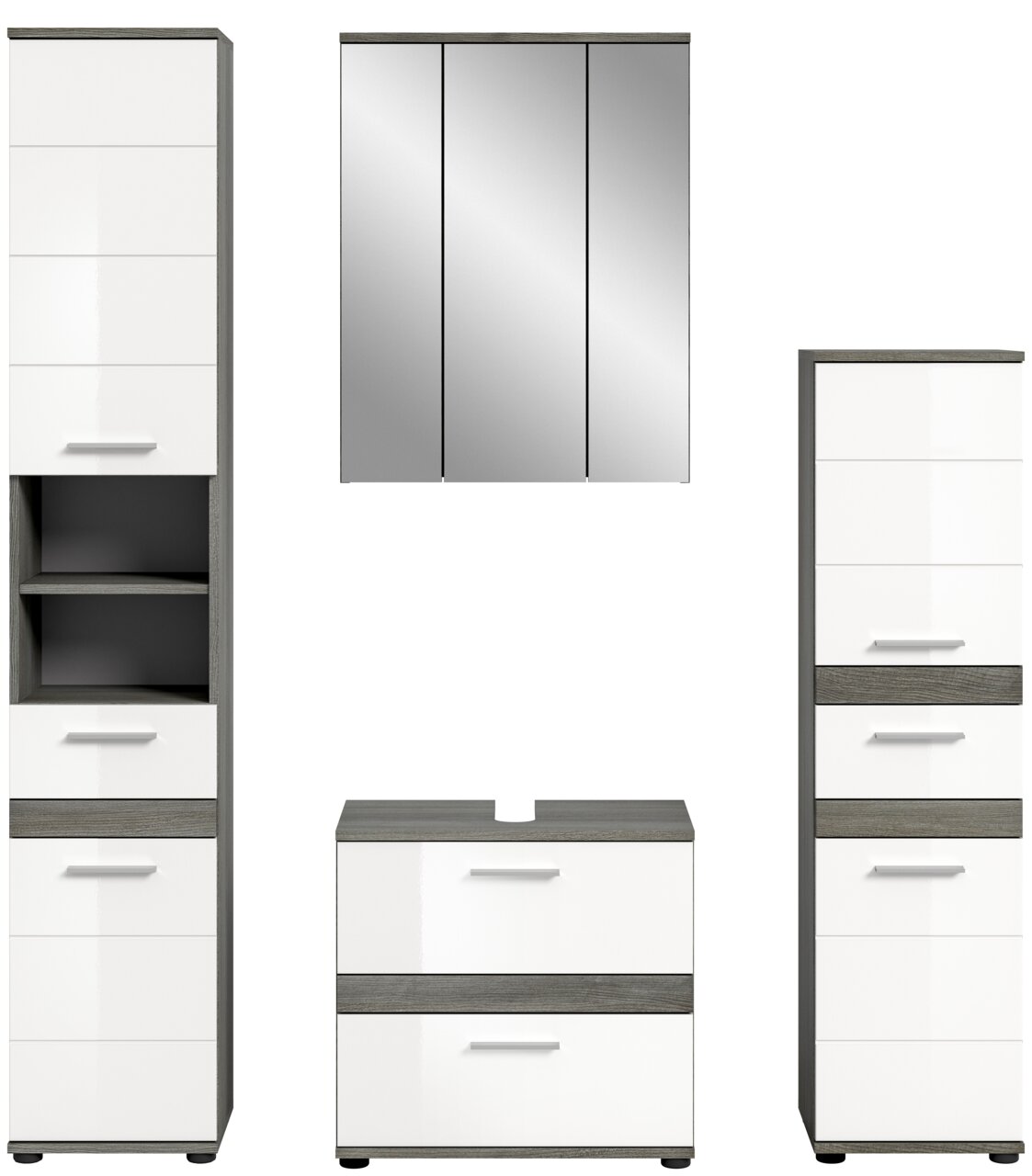 Moderne Badkombination mit Hochglanz-Fronten und Spiegel, bestehend aus Hochschrank, Spiegelschrank und Unterschrank, Frontalansicht