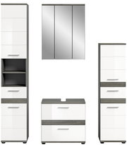 Moderne Badkombination mit Hochglanz-Fronten und Spiegel, bestehend aus Hochschrank, Spiegelschrank und Unterschrank, Frontalansicht