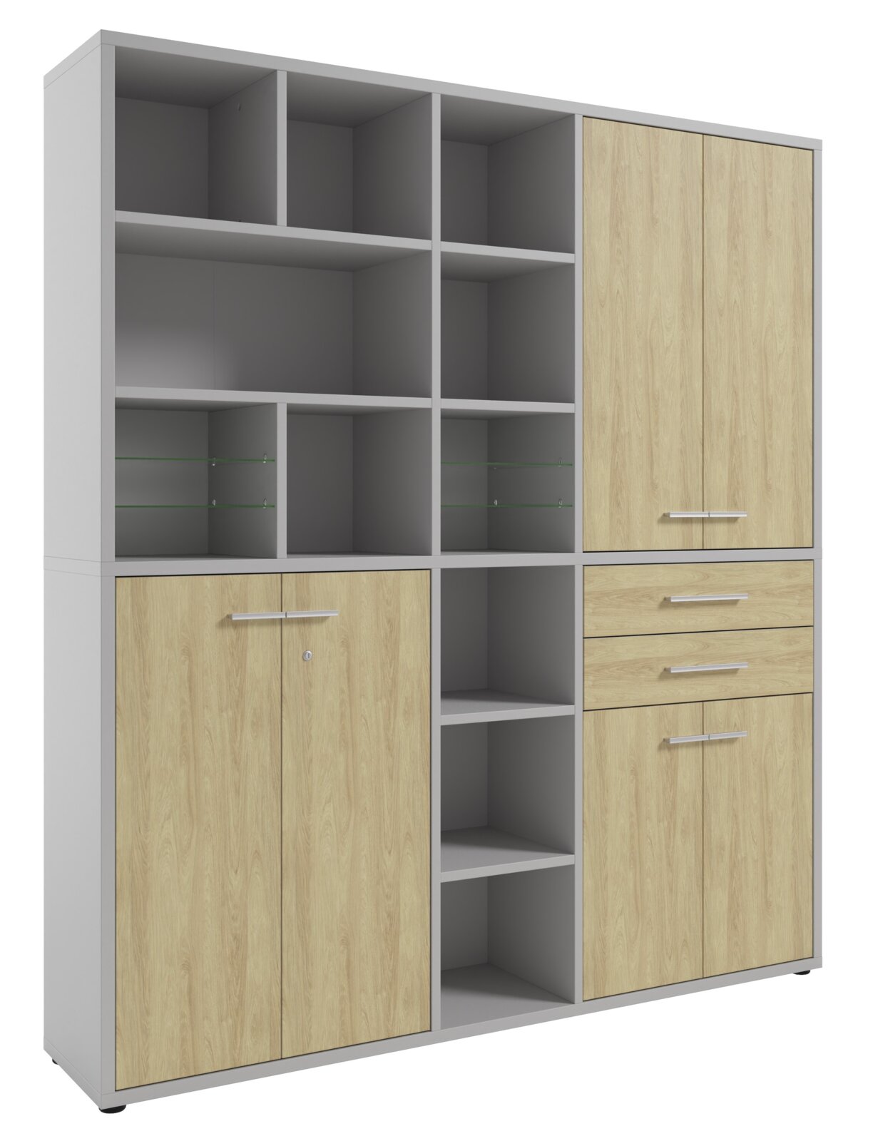 Aktenschrank hoch mit Holz- und Metallelementen, frontal abgebildet. Der Schrank hat offene Fächer, Schubladen und Türen.