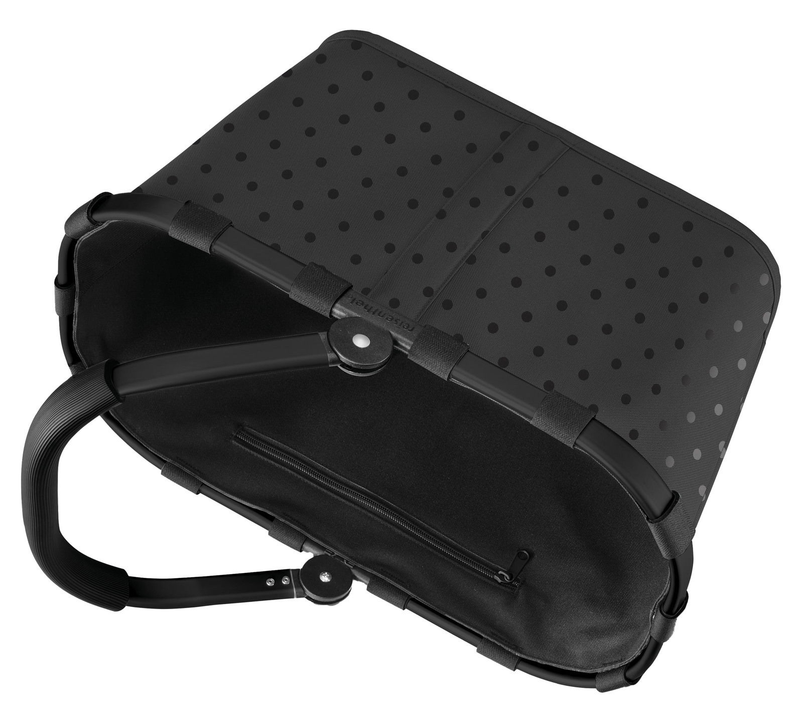 Schwarzer Einkaufskorb mit glänzenden Punkten, von oben betrachtet, mit stabilem Griff und Reißverschlusstasche innen.