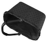 Schwarzer Einkaufskorb mit glänzenden Punkten, von oben betrachtet, mit stabilem Griff und Reißverschlusstasche innen.