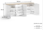 XL-Sideboard mit weißen Türen und Schubladen, Holzoberfläche, Maße: 240 cm Breite, 89 cm Höhe, 43 cm Tiefe, Frontansicht