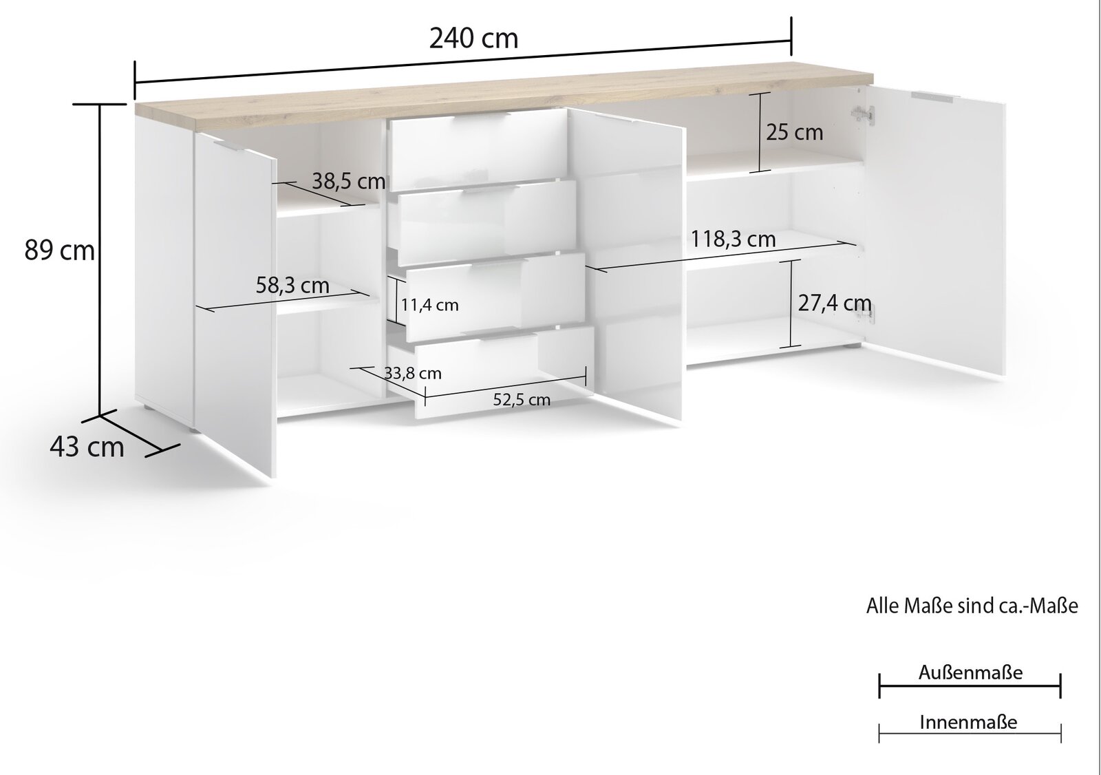 XL-Sideboard mit weißen Türen und Schubladen, Holzoberfläche, Maße: 240 cm Breite, 89 cm Höhe, 43 cm Tiefe, Frontansicht