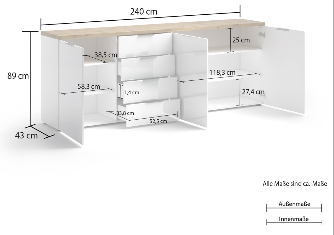 XL-dressoir met witte deuren en lades, houten afwerking, afmetingen: 240 cm breed, 89 cm hoog, 43 cm diep, vooraanzicht