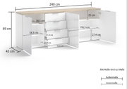XL-dressoir met witte deuren en lades, houten afwerking, afmetingen: 240 cm breed, 89 cm hoog, 43 cm diep, vooraanzicht