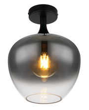 Moderne Deckenleuchte MAXY von Globo Lighting mit rauchgrauem Glasschirm und sichtbarem Leuchtmittel, Perspektive von unten.