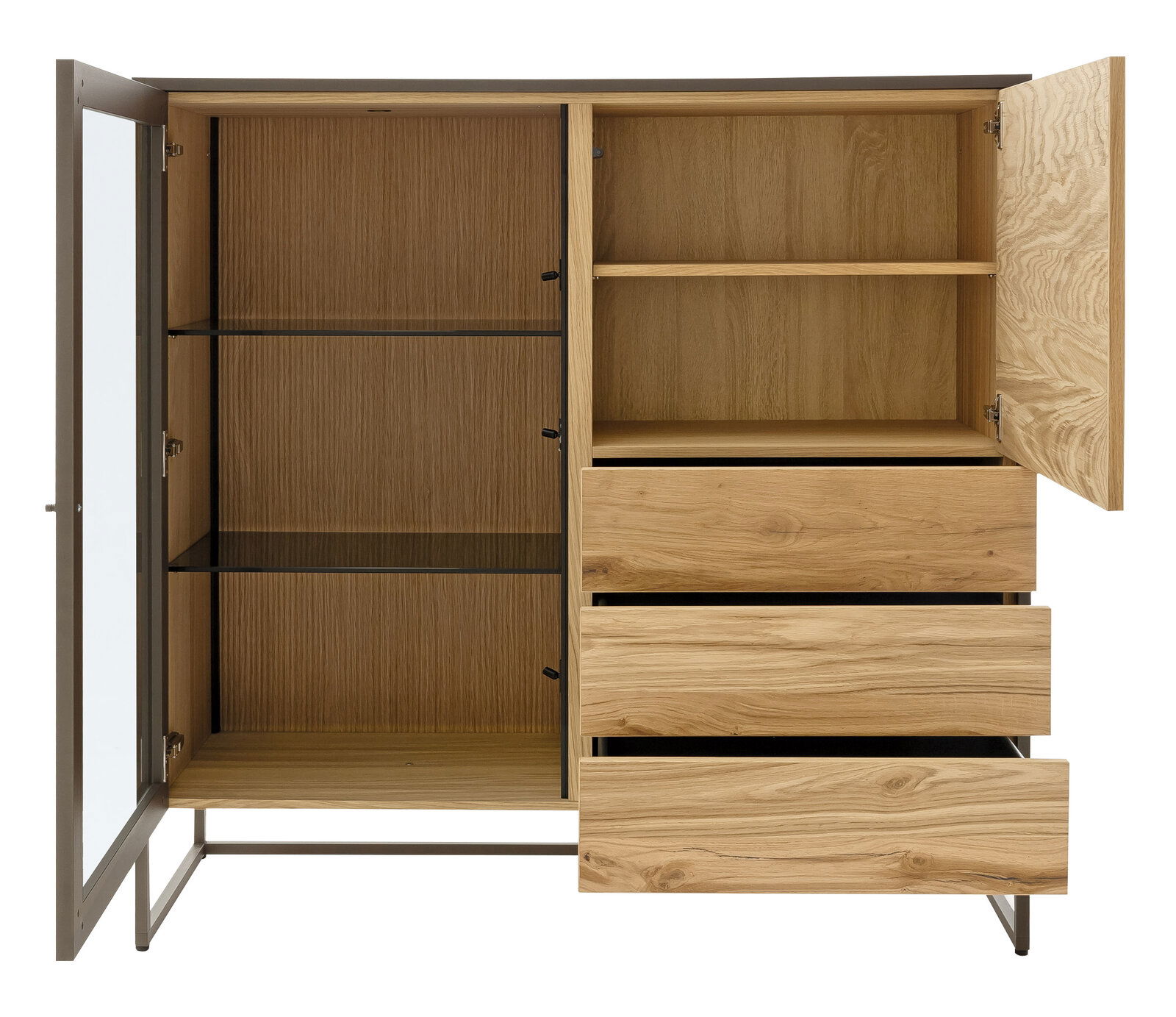 Offenes Highboard aus Holz mit Glastüren und Schubladen, frontale Ansicht