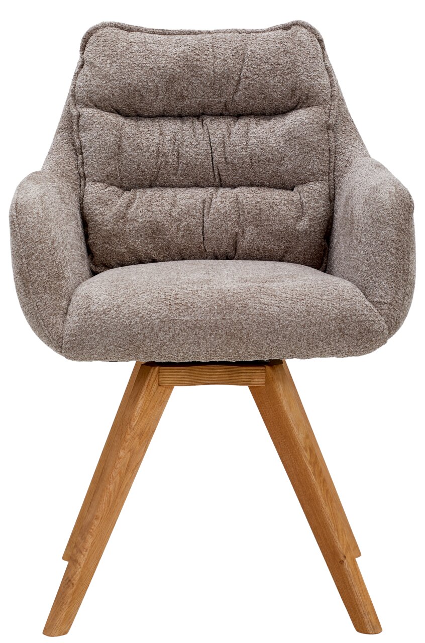 Frontansicht eines beigen Armlehnstuhls mit gepolsterter Rückenlehne und Holzbeinen.