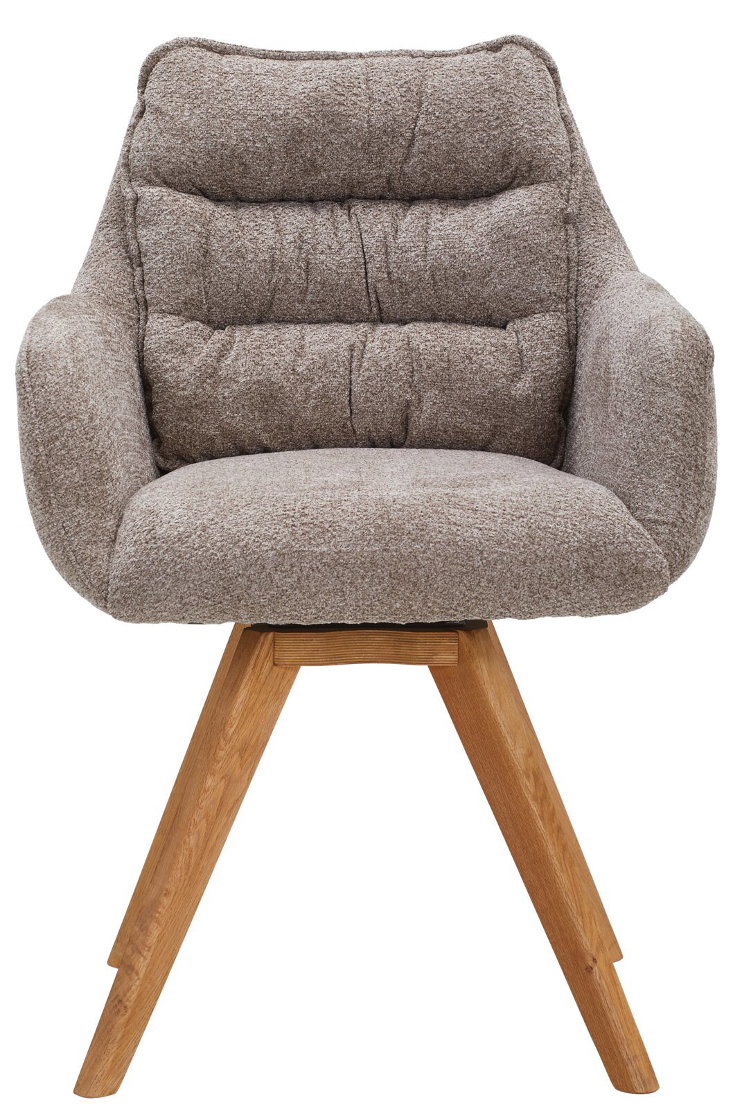 Frontansicht eines beigen Armlehnstuhls mit gepolsterter Rückenlehne und Holzbeinen.