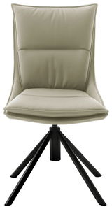 Moderner Stuhl mit gepolsterter Sitzfläche und Rückenlehne in hellem Beige, auf schwarzem Metallgestell, Frontalansicht.