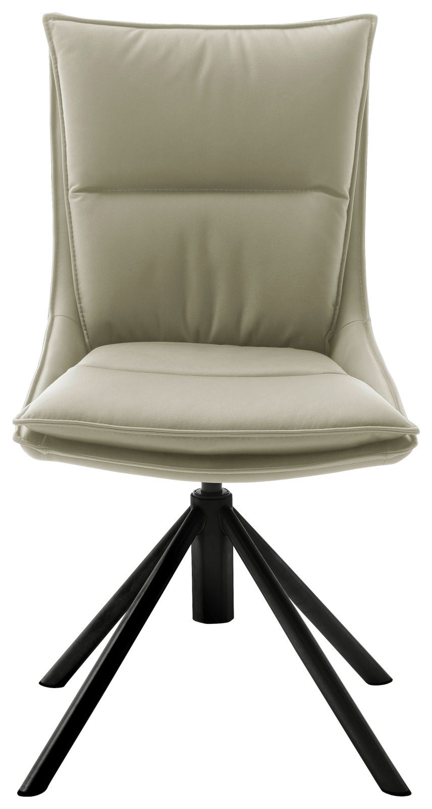 Moderner Stuhl mit gepolsterter Sitzfläche und Rückenlehne in hellem Beige, auf schwarzem Metallgestell, Frontalansicht.