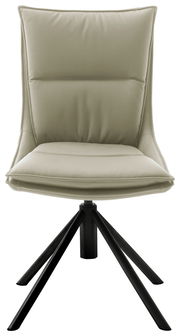 Moderner Stuhl mit gepolsterter Sitzfläche und Rückenlehne in hellem Beige, auf schwarzem Metallgestell, Frontalansicht.