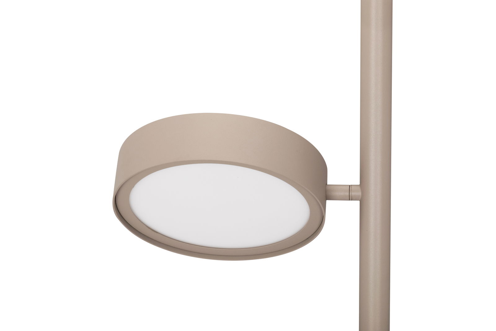 Nahaufnahme einer modernen LED-Stehleuchte in Beige, seitliche Perspektive