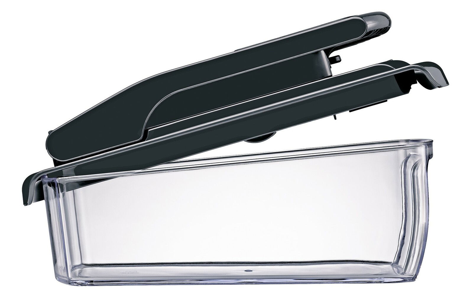 Seitliche Ansicht eines Zwiebel- und Gemüsewürflers mit transparentem Auffangbehälter und schwarzem Schneidmechanismus.