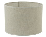 Zylindrischer Lampenschirm aus beigem Stoff, seitliche Perspektive