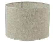 Zylindrischer Lampenschirm aus beigem Stoff, seitliche Perspektive