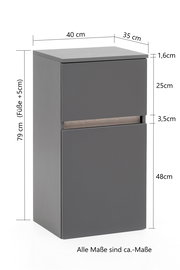 Grauer Unterschrank mit zwei Türen, Maße 40 cm Breite, 35 cm Tiefe, 79 cm Höhe, seitliche Perspektive