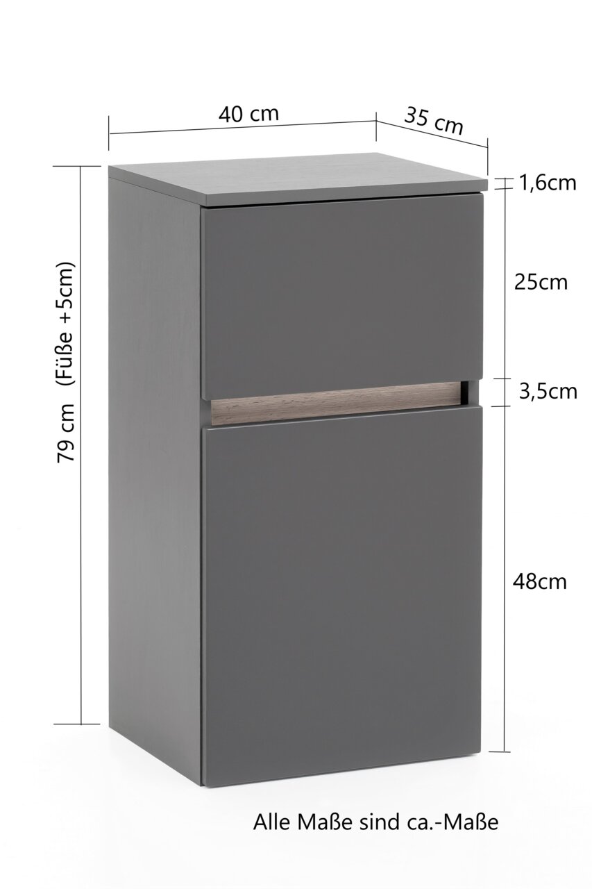 Grijze onderkast met twee deuren, afmetingen: 40 cm breed, 35 cm diep, 79 cm hoog, zijaanzicht