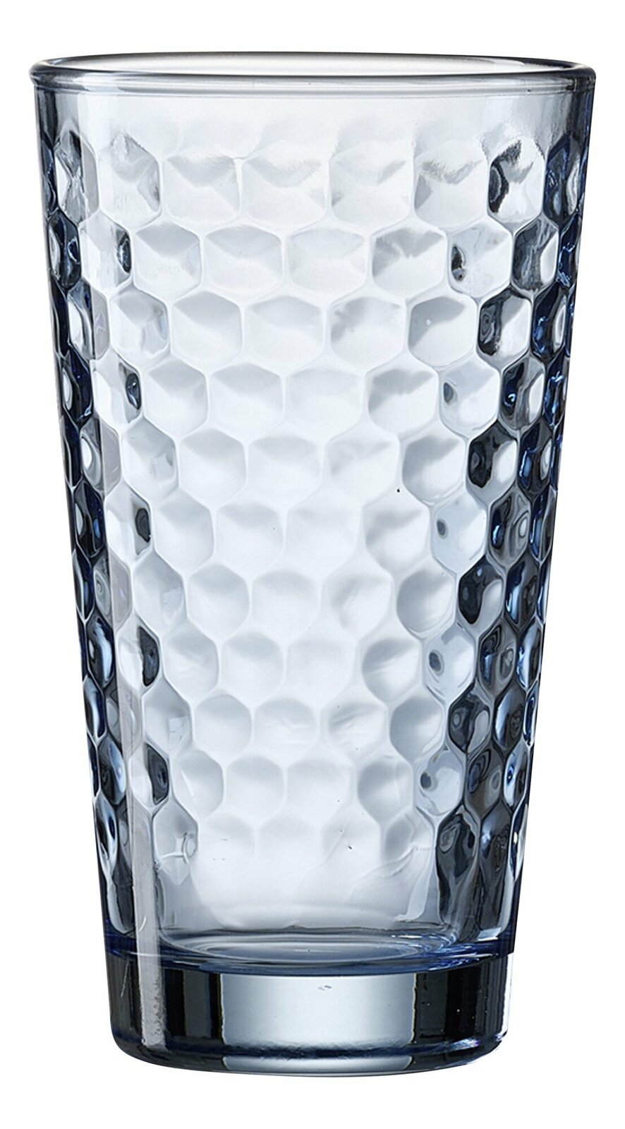 Blaues Longdrinkglas Favo 400ml mit wabenartiger Struktur, seitliche Perspektive