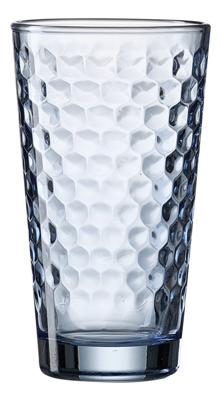 Blaues Longdrinkglas Favo 400ml mit wabenartiger Struktur, seitliche Perspektive