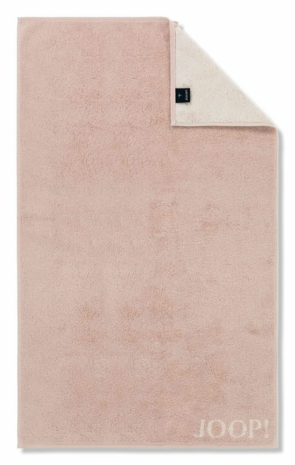 Gästetuch in zartem Rosa mit umgeschlagener Ecke, Markenlogo sichtbar, Draufsicht