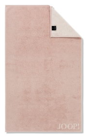 Gästetuch in zartem Rosa mit umgeschlagener Ecke, Markenlogo sichtbar, Draufsicht