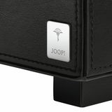 Nahaufnahme eines schwarzen Tabletts mit einem silbernen Joop-Logo auf der Ecke.