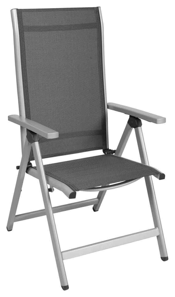 Grauer Klappsessel aus Metall und Textil, seitliche Perspektive