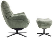 Seitenansicht eines grünen Relaxsessels mit Hocker, beide mit geripptem Stoffbezug und schwarzem Drehfuß.