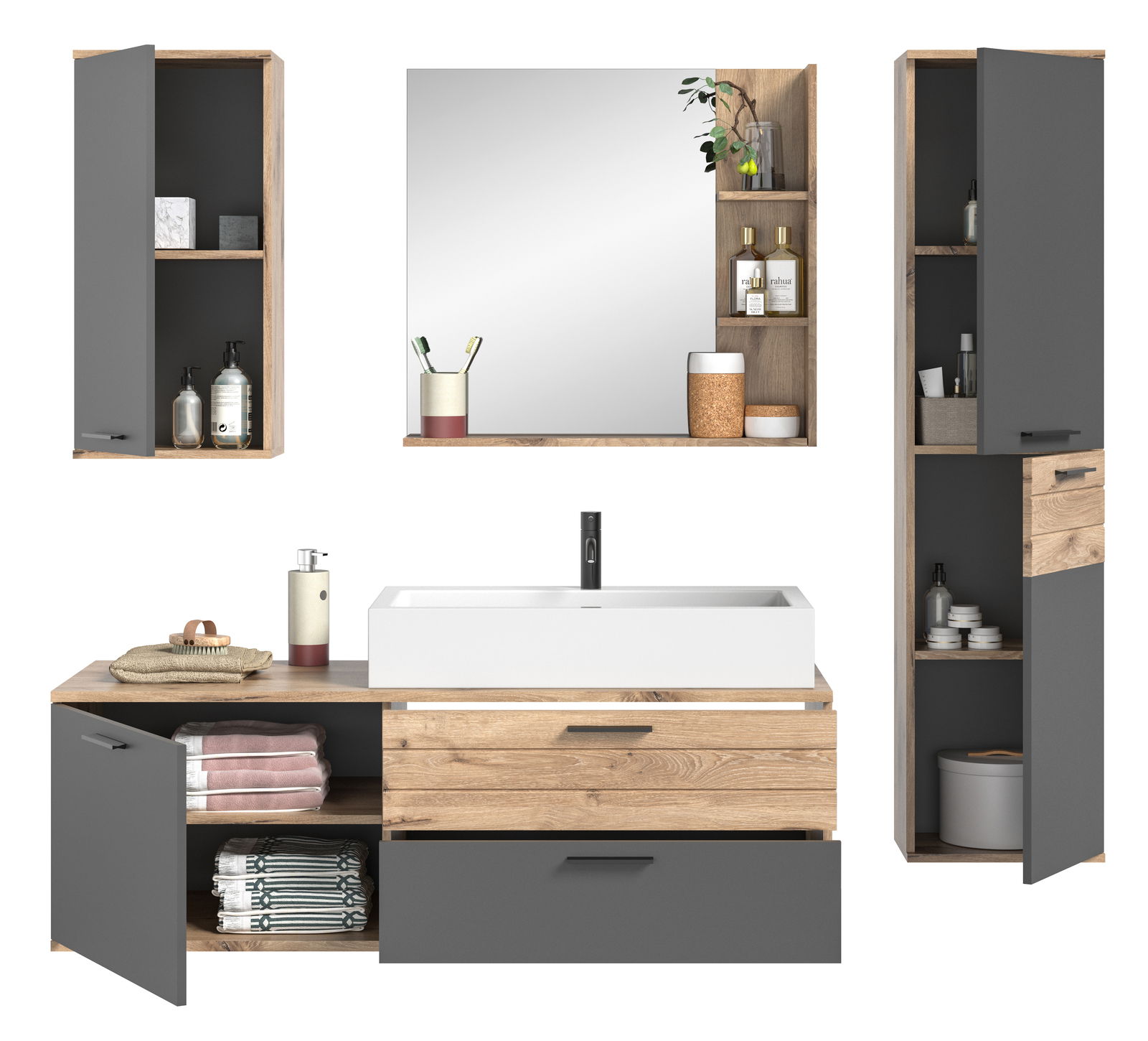 Moderne Badkombination mit grauen und holzfarbenen Schränken, Waschbecken und Spiegel, frontal betrachtet.