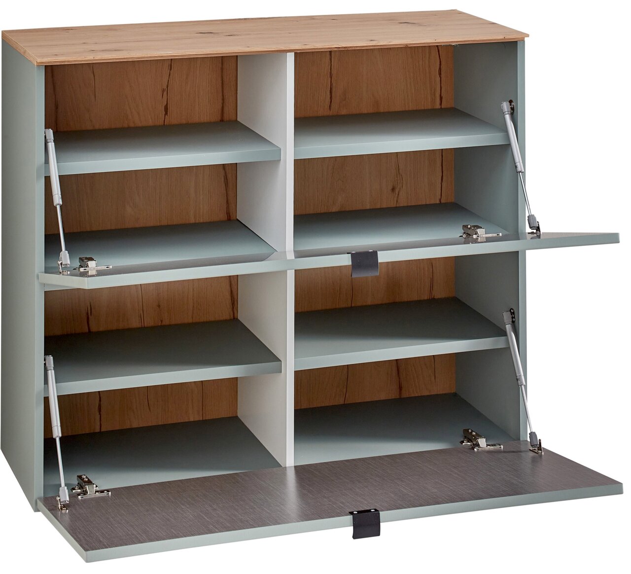 Moderne hangende schoenenkast DIANA van Voleo met open kleppen, houtlook en grijze accenten, vooraanzicht.