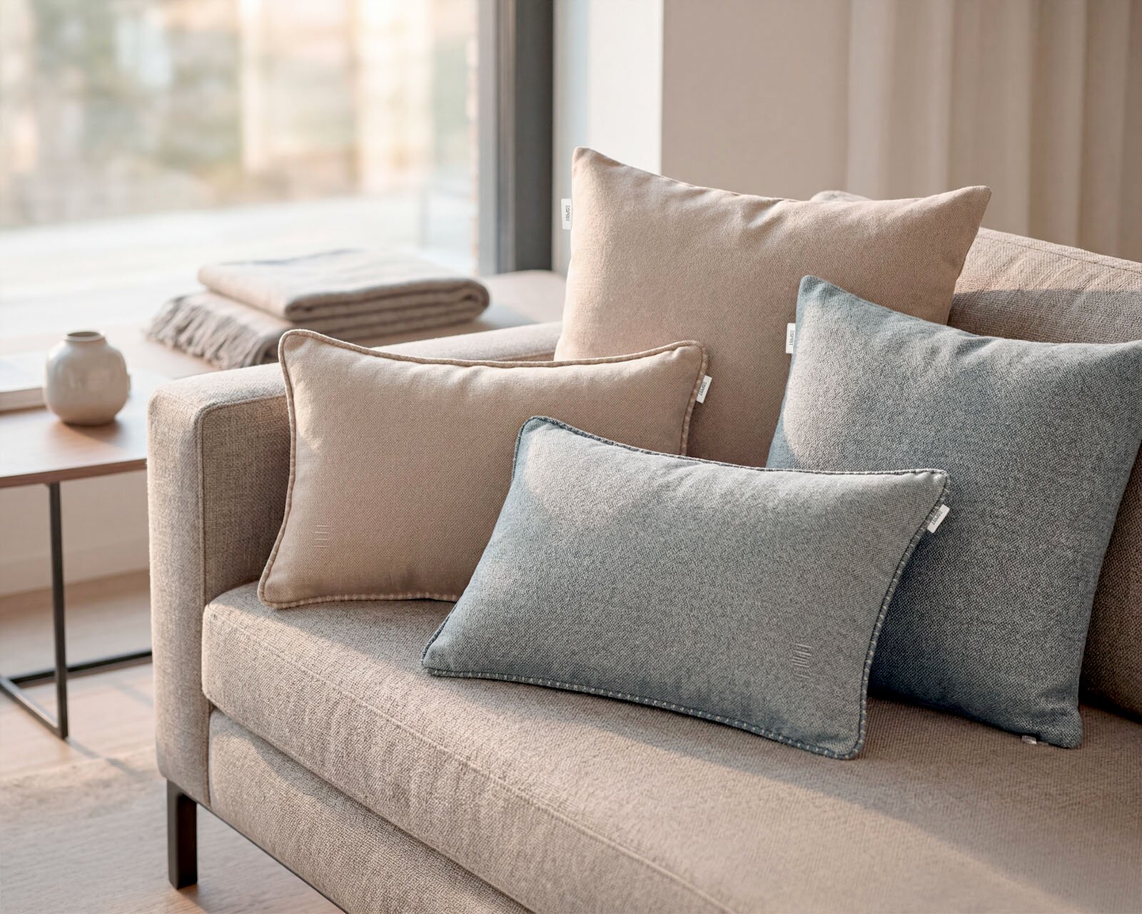 Esprit Zierkissenhülle E-FUN Beige- und blau-graue Dekokissen auf einem hellgrauen Sofa am Fenster, aufgenommen in schräger Vorderansicht (3/4-Perspektive)