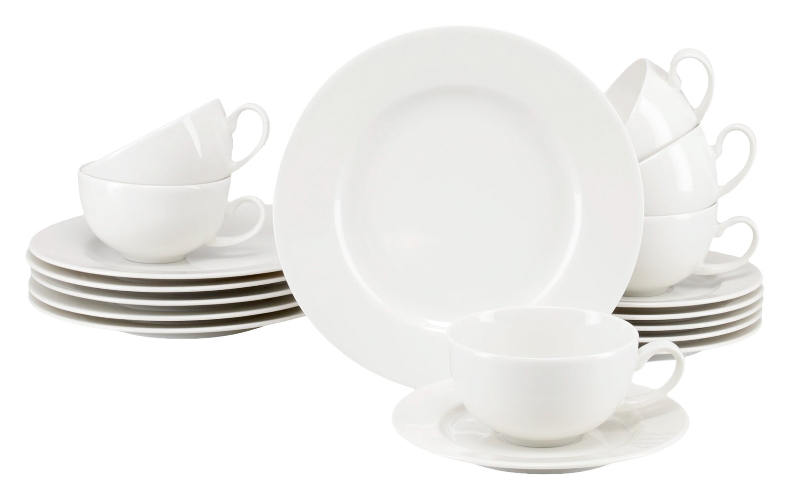 Creatable Teeservice 18-tlg VENICE Weißes Porzellan-Geschirrset mit Tellern, Tassen und Untertassen, frontale Ansicht in leichter Schrägperspektive auf weißem Hintergrund