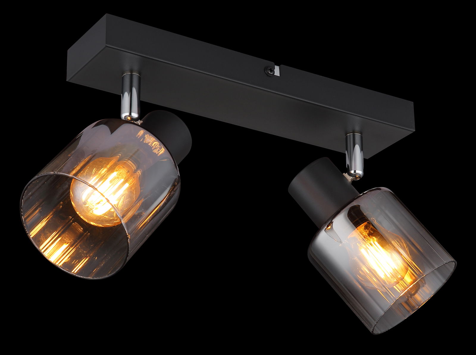 Zweiflammiger Strahler mit schwarzem Gehäuse und rauchgrauen Glaskuppeln, seitliche Perspektive