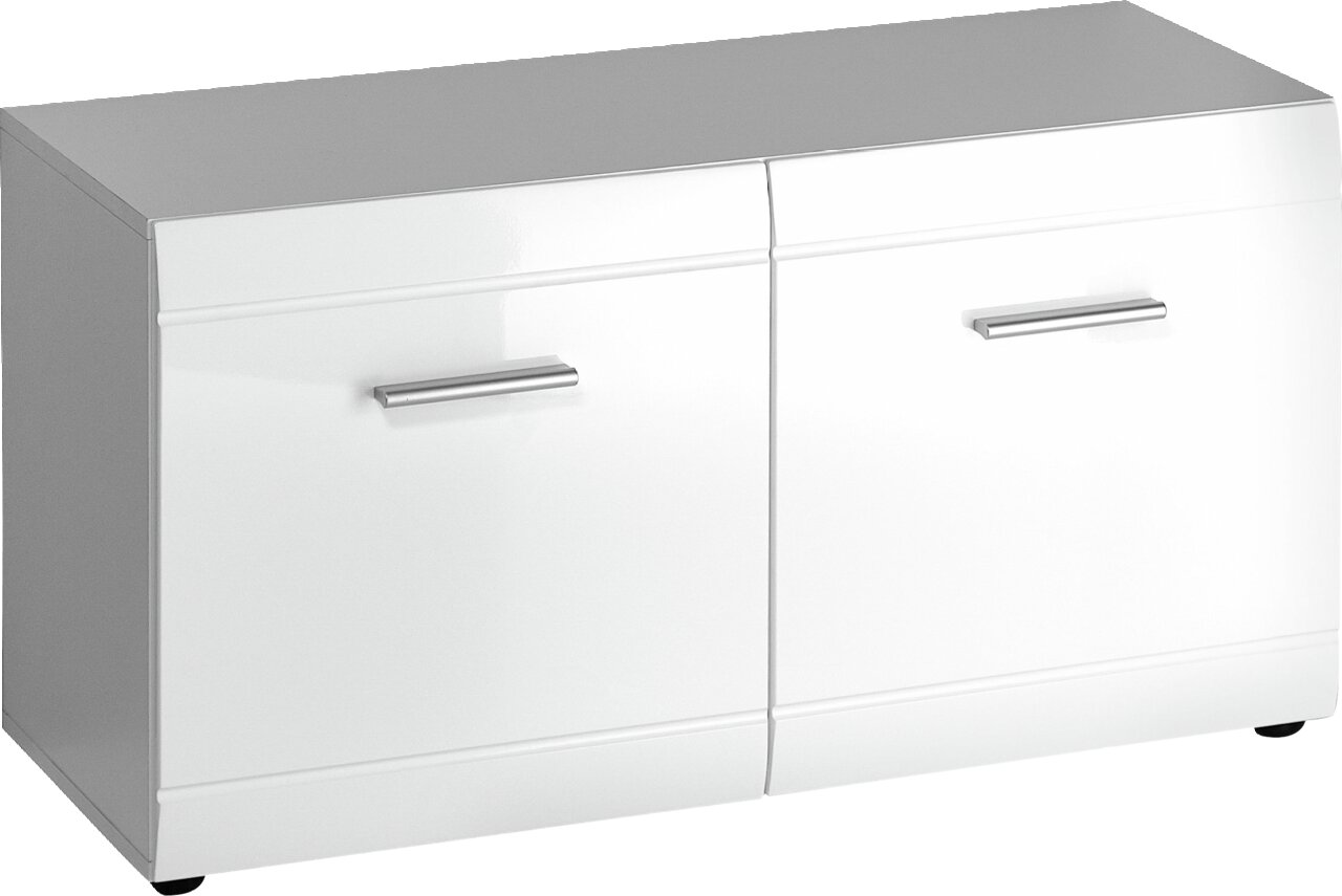 Weiße Bank mit zwei Türen und silbernen Griffen, seitliche Perspektive