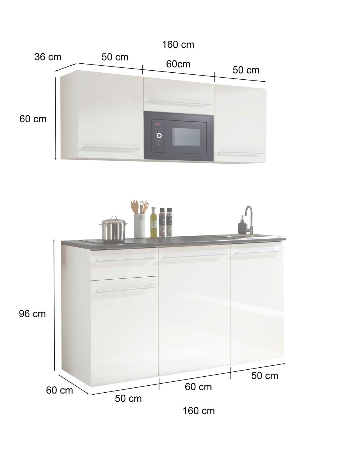 Single-Küche 160 cm ohne Elektrogeräte, Frontansicht mit Hängeschränken und Unterschränken, weiße Hochglanzoberfläche.