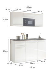Single-Küche 160 cm ohne Elektrogeräte, Frontansicht mit Hängeschränken und Unterschränken, weiße Hochglanzoberfläche.