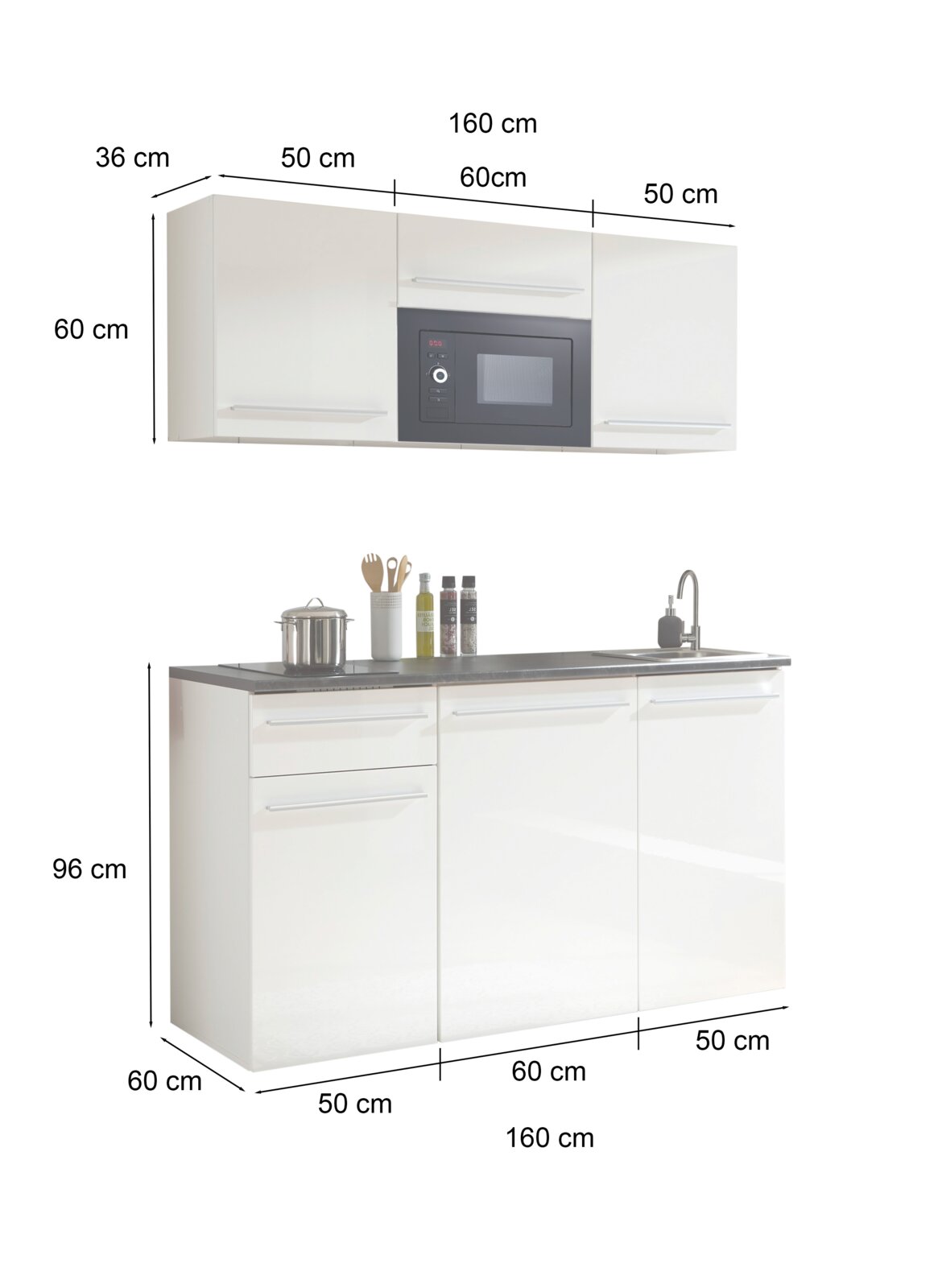 Single-Küche 160 cm ohne Elektrogeräte, Frontansicht mit Hängeschränken und Unterschränken, weiße Hochglanzoberfläche.
