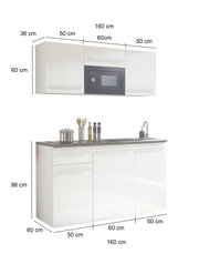 Single-Küche 160 cm ohne Elektrogeräte, Frontansicht mit Hängeschränken und Unterschränken, weiße Hochglanzoberfläche.