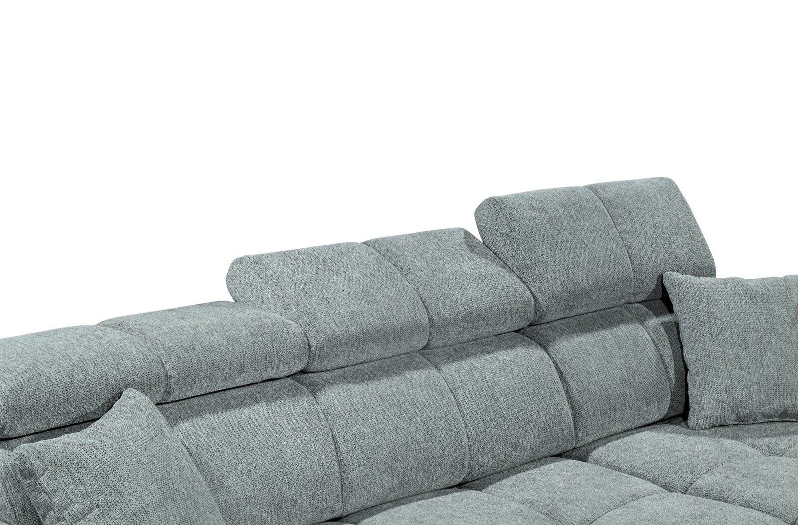 Graues Sofa mit verstellbaren Kopfstützen, seitliche Perspektive