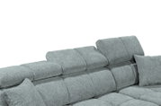 Graues Sofa mit verstellbaren Kopfstützen, seitliche Perspektive