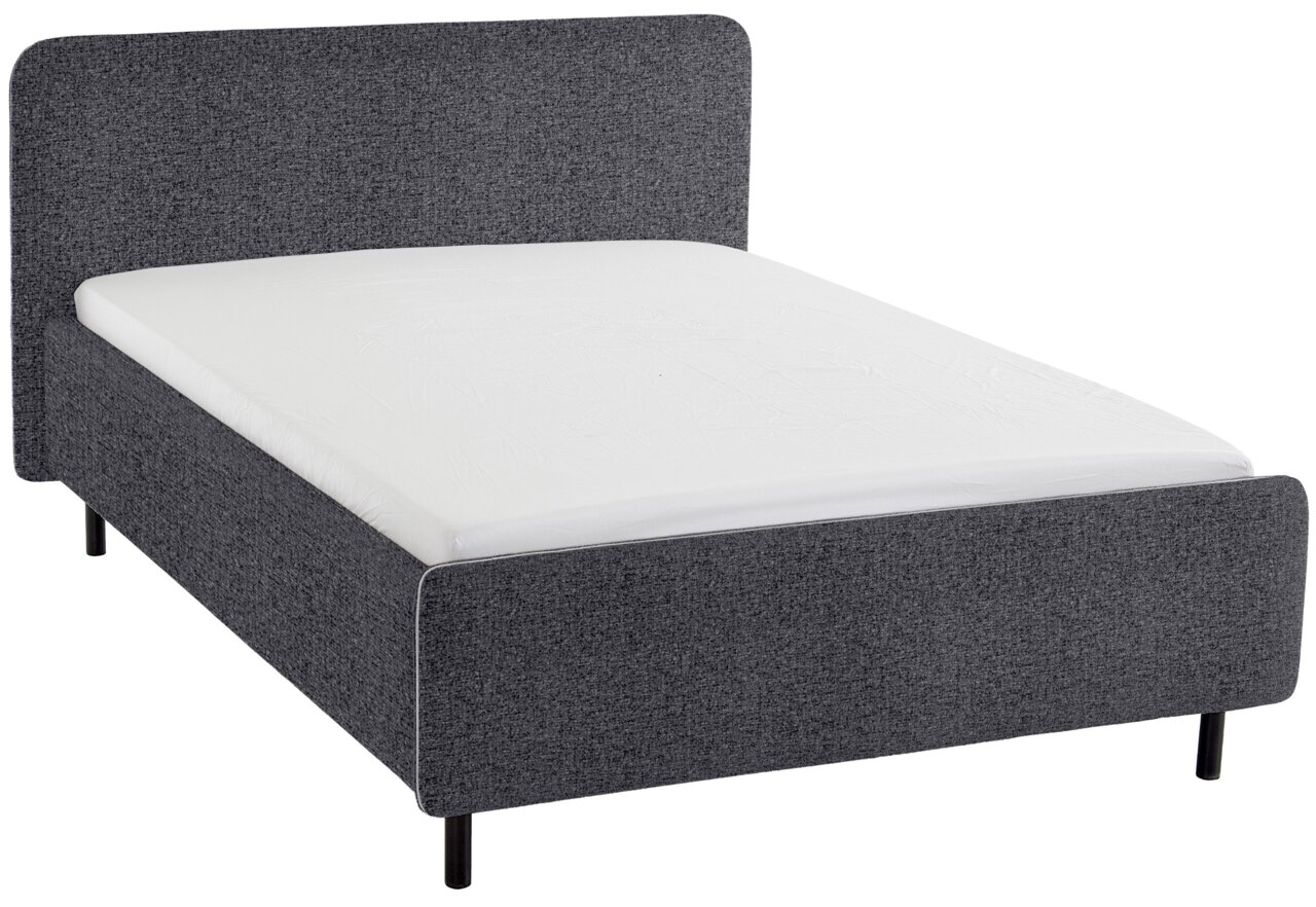 Graues Polsterbett in 140 cm Breite, seitliche Perspektive