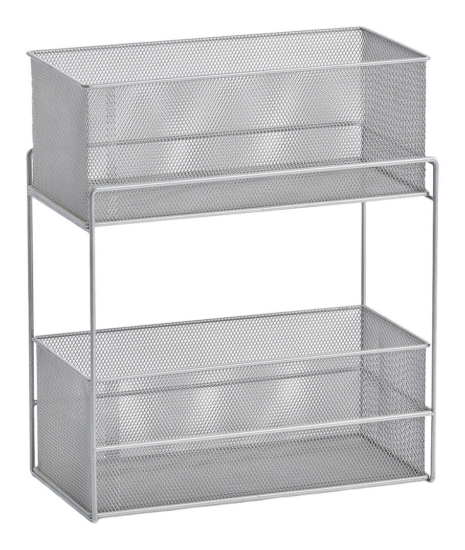 Silbernes Etagenregal mit zwei Körben aus Metallgitter, seitliche Perspektive